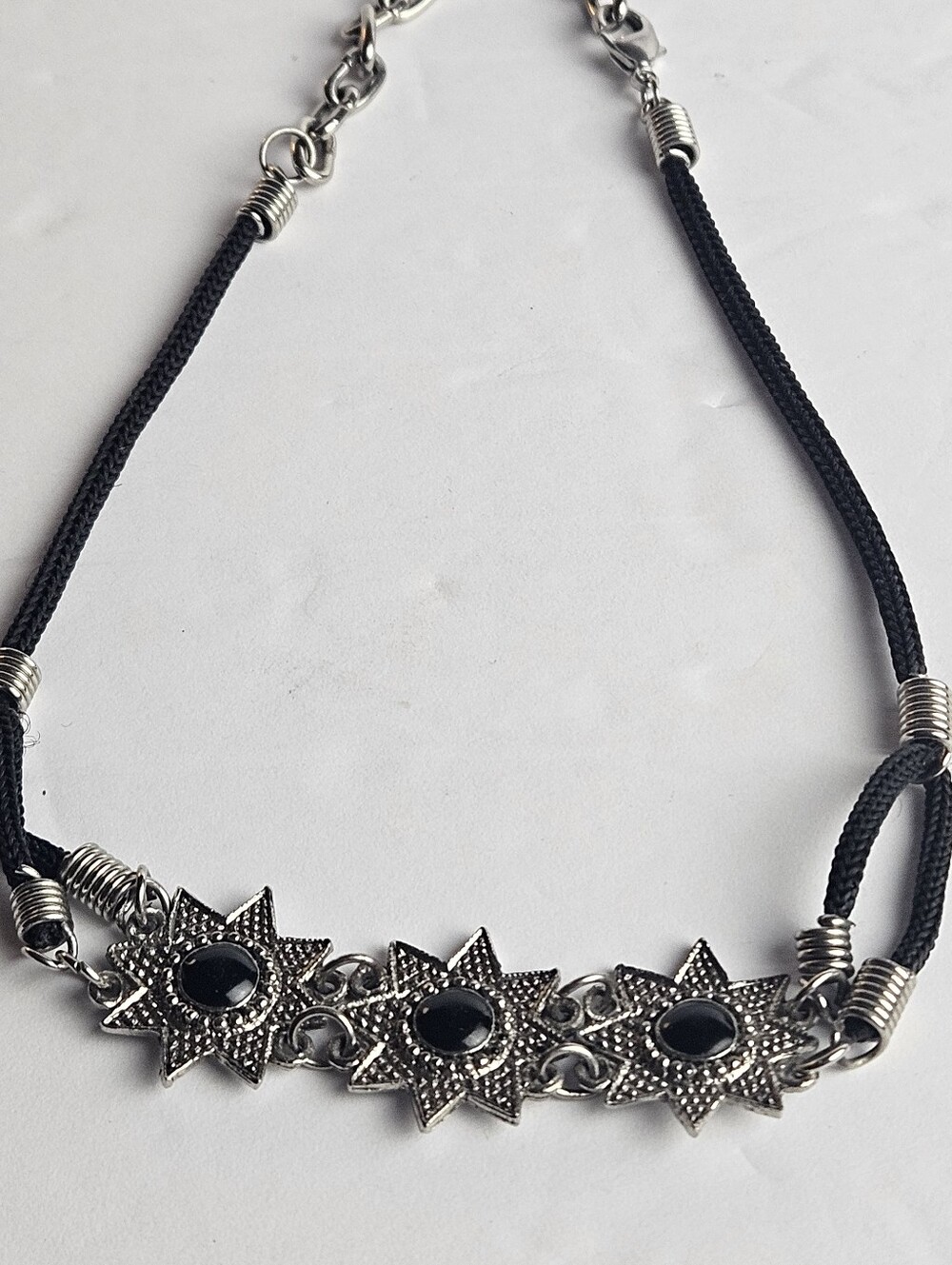 Vintage Boho Silver Star Choker Necklace Black Cord Onyx Style Stone 16"